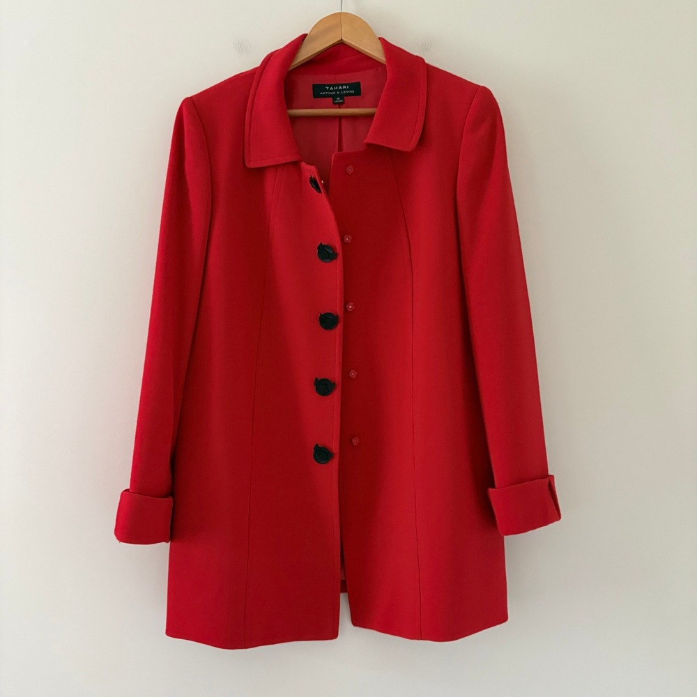 Tahari Arthur S. Levine Coat 14 Red Bow Covered Snap Front Career Structured